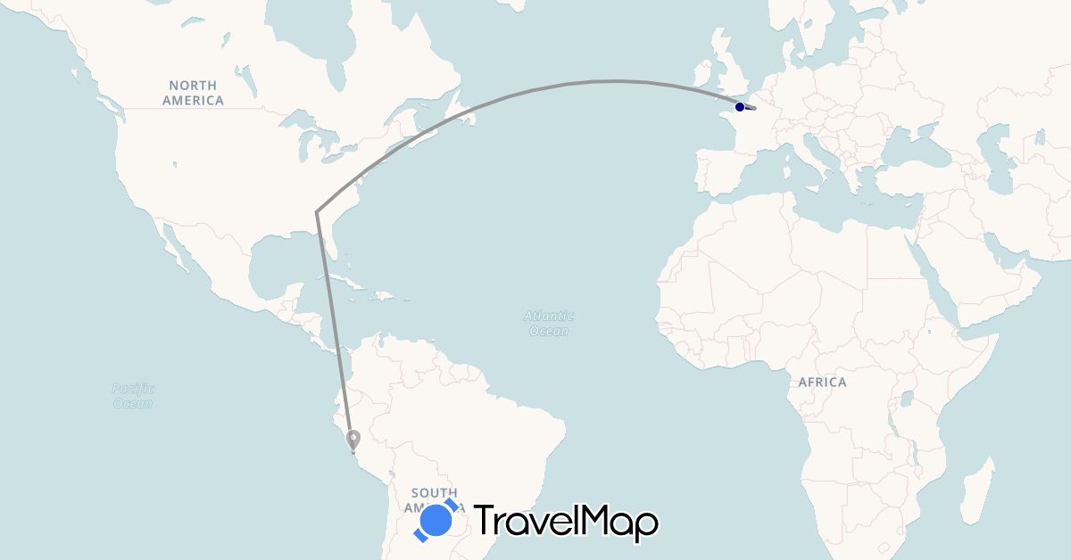 TravelMap itinerary: driving, plane in France, Peru, United States (Europe, North America, South America)